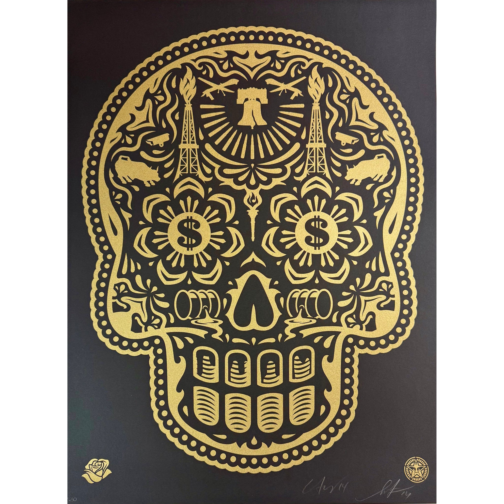 ERNESTO YERENA & SHEPARD FAIREY (OBEY GIANT) - 2014 - POWER AND GLORY DAY OF THE DEAD SKULL (GOLD)