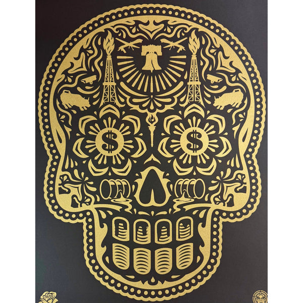 ERNESTO YERENA & SHEPARD FAIREY (OBEY GIANT) - 2014 - POWER AND GLORY DAY OF THE DEAD SKULL (GOLD)