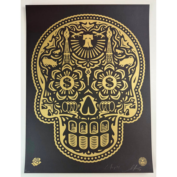 ERNESTO YERENA & SHEPARD FAIREY (OBEY GIANT) - 2014 - POWER AND GLORY DAY OF THE DEAD SKULL (GOLD)