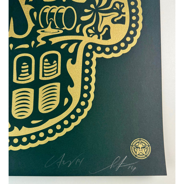 ERNESTO YERENA & SHEPARD FAIREY (OBEY GIANT) - 2014 - POWER AND GLORY DAY OF THE DEAD SKULL (GOLD)